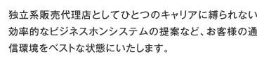 独立系販売代理店としてひとつのキャリアに縛られない効率的なビジネスホンシステムの提案など、お客様の通信環境をベストな状態にいたします。